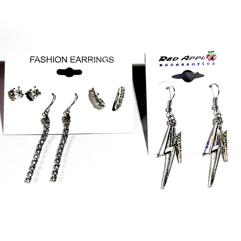 Set of 4 Pairs! Silver and Rhinestone Cubic Fashion Earrings Set
